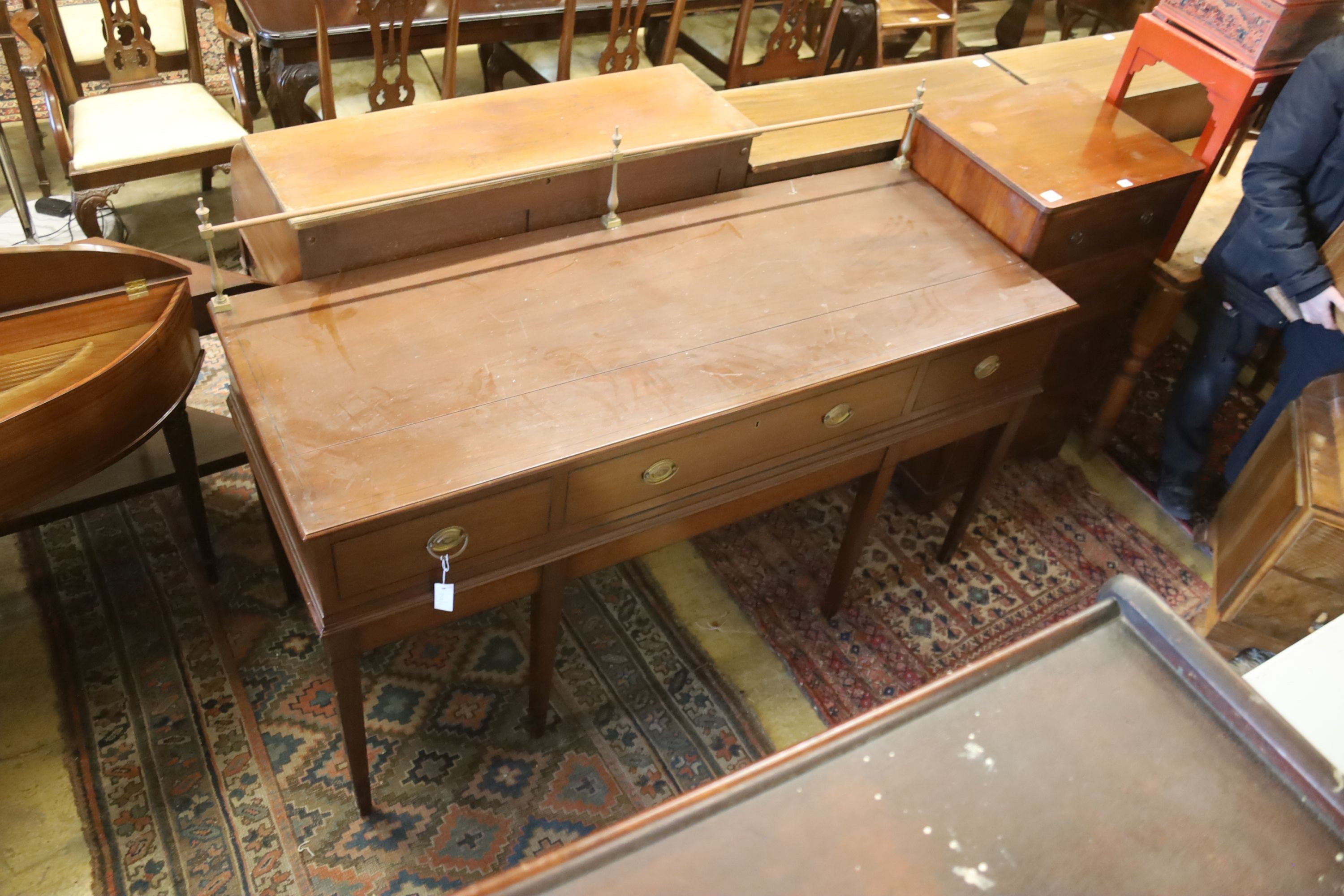 A George III style mahogany three drawer serving table, width 168cm, depth 64cm, height 112cm